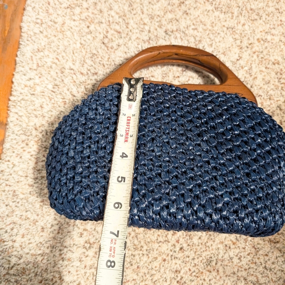 Elegant Navy Woven Clutch with Wooden Handle - Picture 8 of 9
